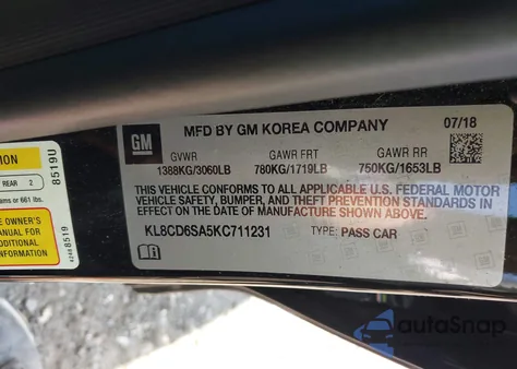 2019 Chevrolet Spark 1Lt Cvt z USA, uszkodzony, nr VIN KL8CD6SA5KC711231